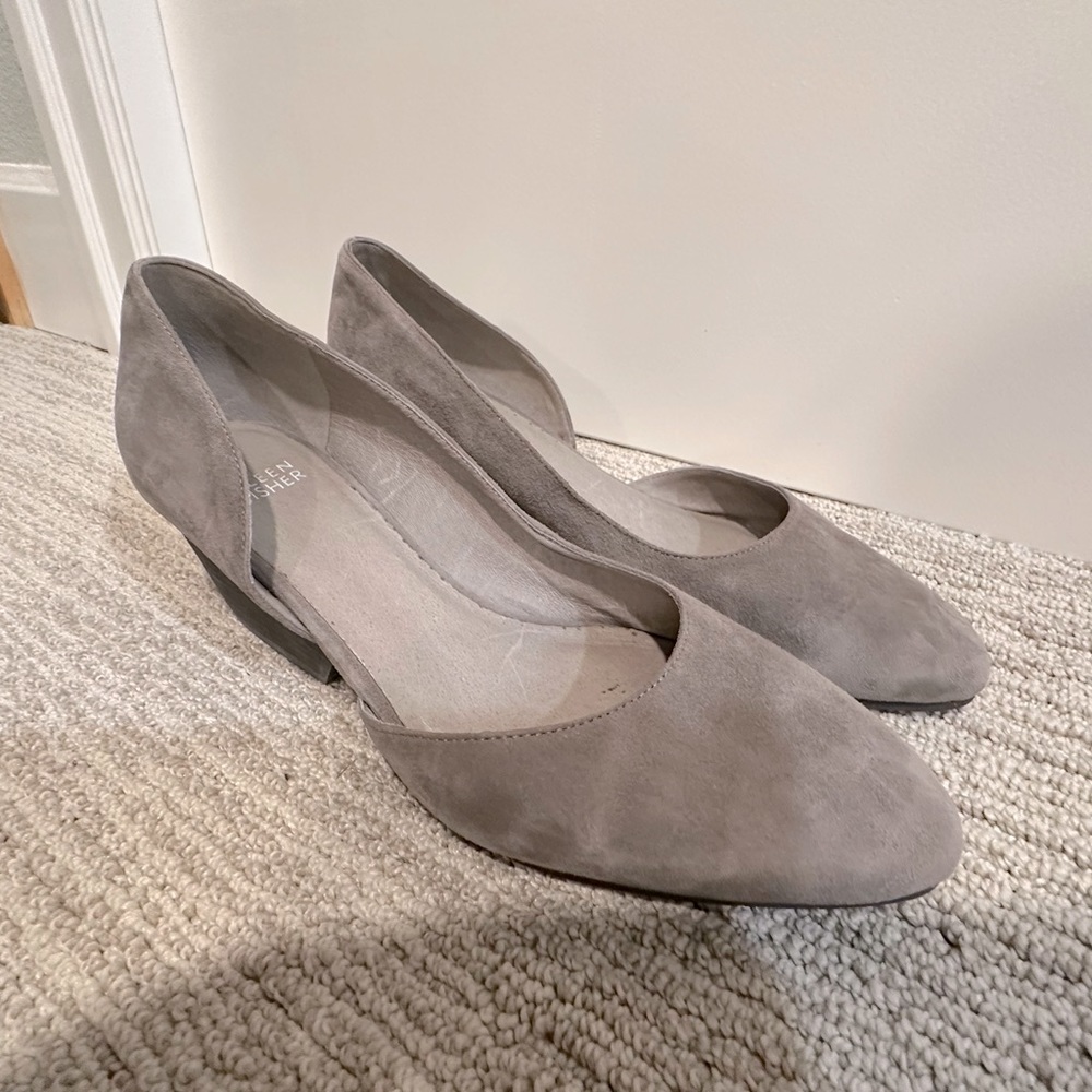 Eileen Fisher grey suede heels. Size 8.5. Unique cut-out style. Great condition